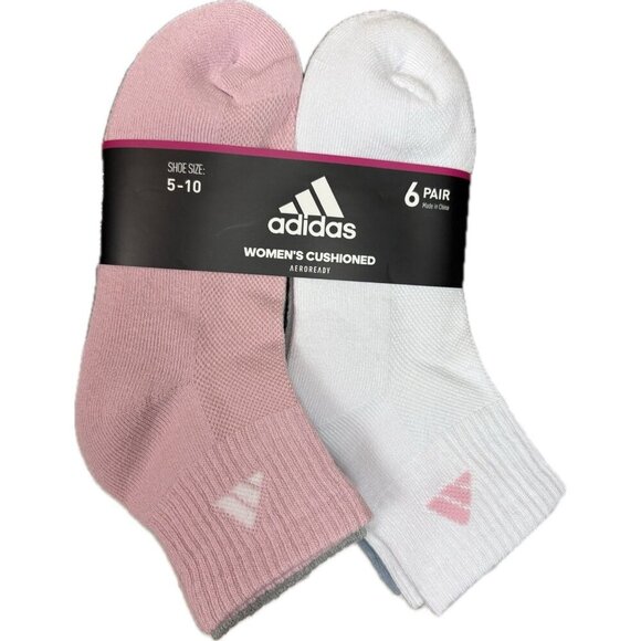 Adidas Aeroready Tech Logo Assorted Colors Ribbed Top Quarter Crew Socks-6 Pk - Picture 2 of 4